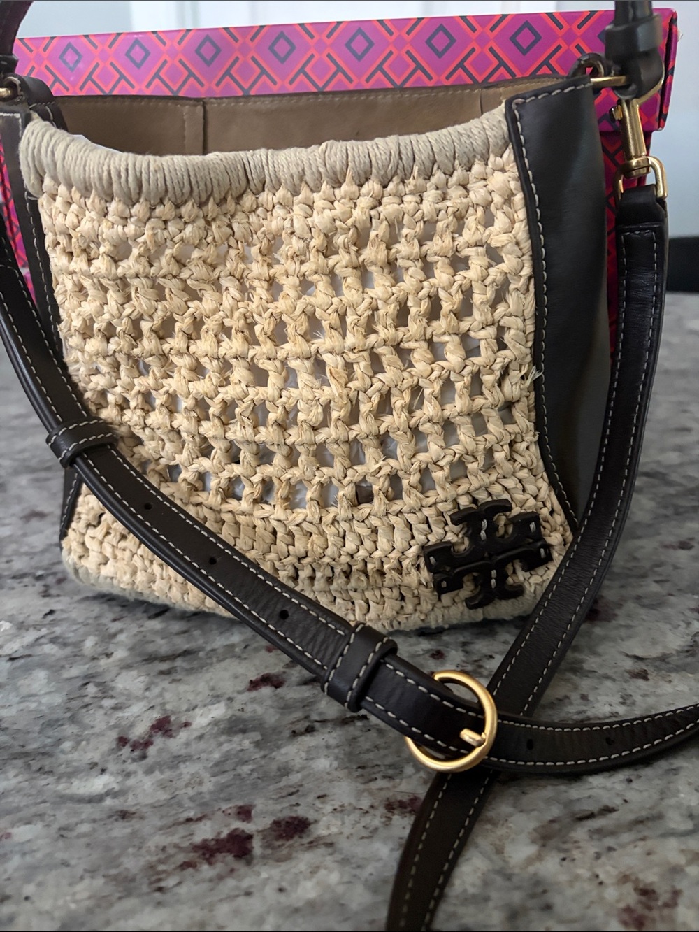 Tory Burch Beige Crochet Crossbody with Dark Brown Leather Trim - Picture 2 of 6